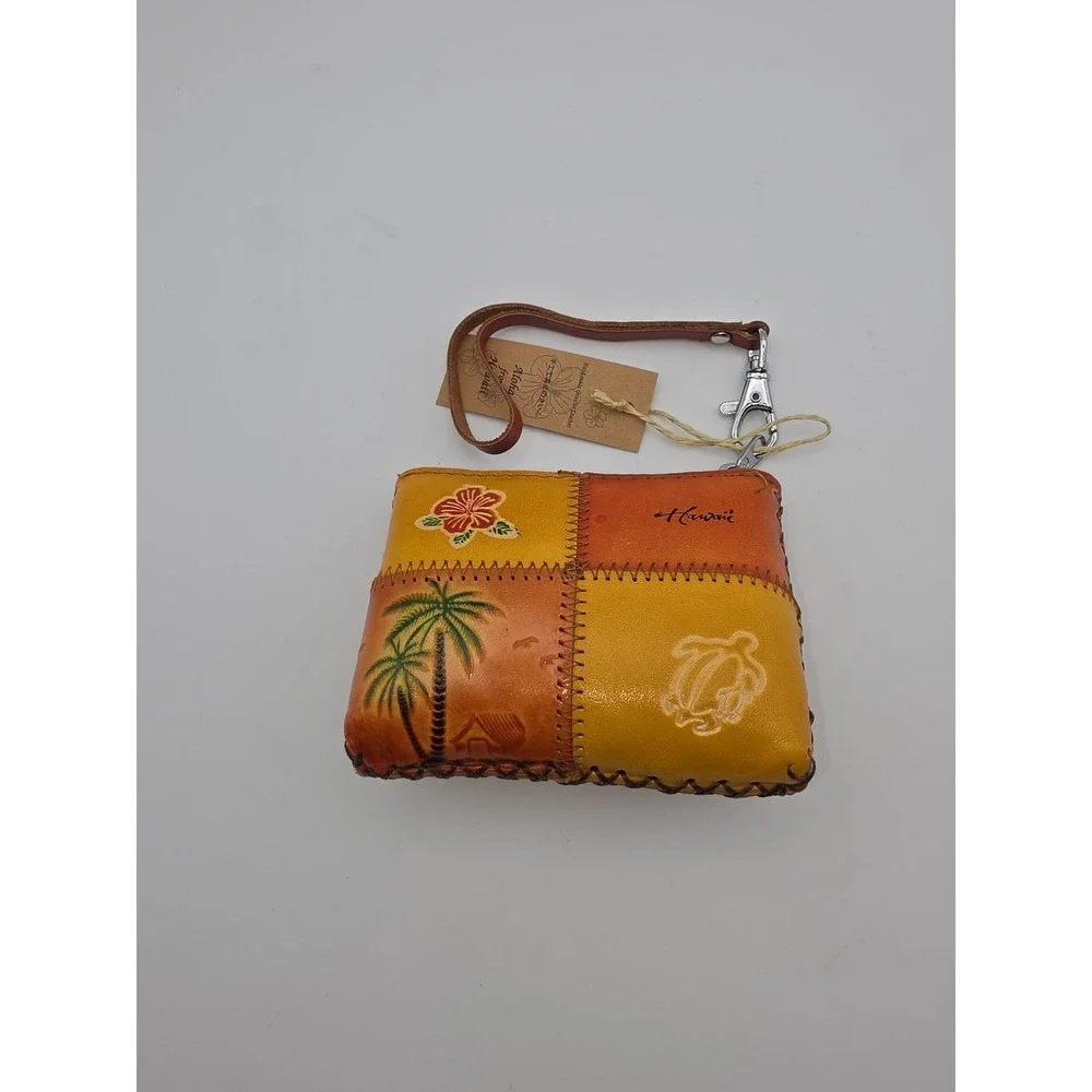 Hawaii Genuine Leather Patchwork Coin Purse Wallet w/Wrist Strap~Tropical Floral